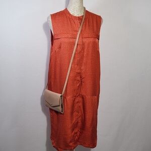 Fossil Women's 100% Silk Orange Ditzy Print Button Down Pockets Shift Dress SZ 4